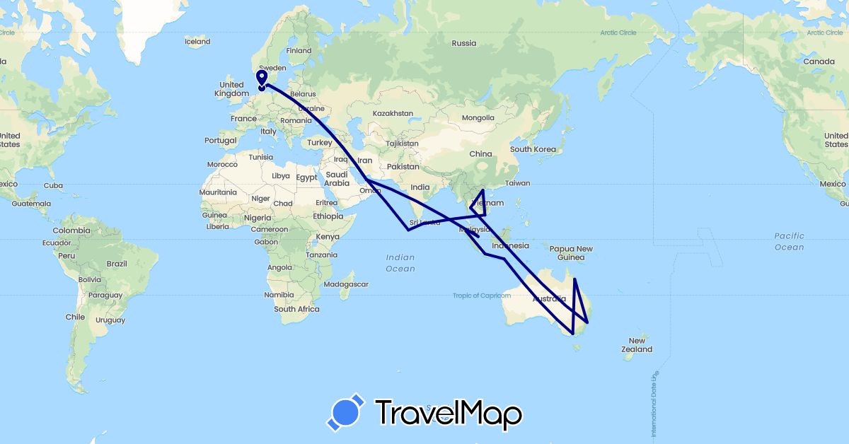 TravelMap itinerary: driving in United Arab Emirates, Australia, Denmark, Indonesia, Sri Lanka, Maldives, Malaysia, Singapore, Thailand, Vietnam (Asia, Europe, Oceania)
